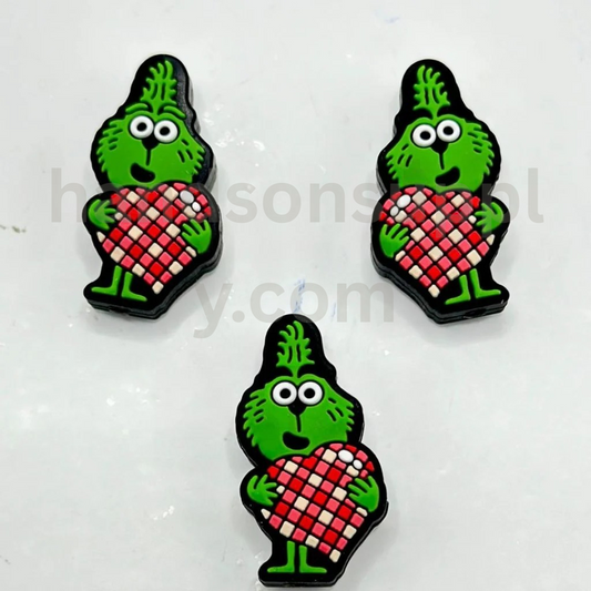 Green Baby Man Holds a Large Red Checkered Heart Mini Cute Silicone Focal Beads