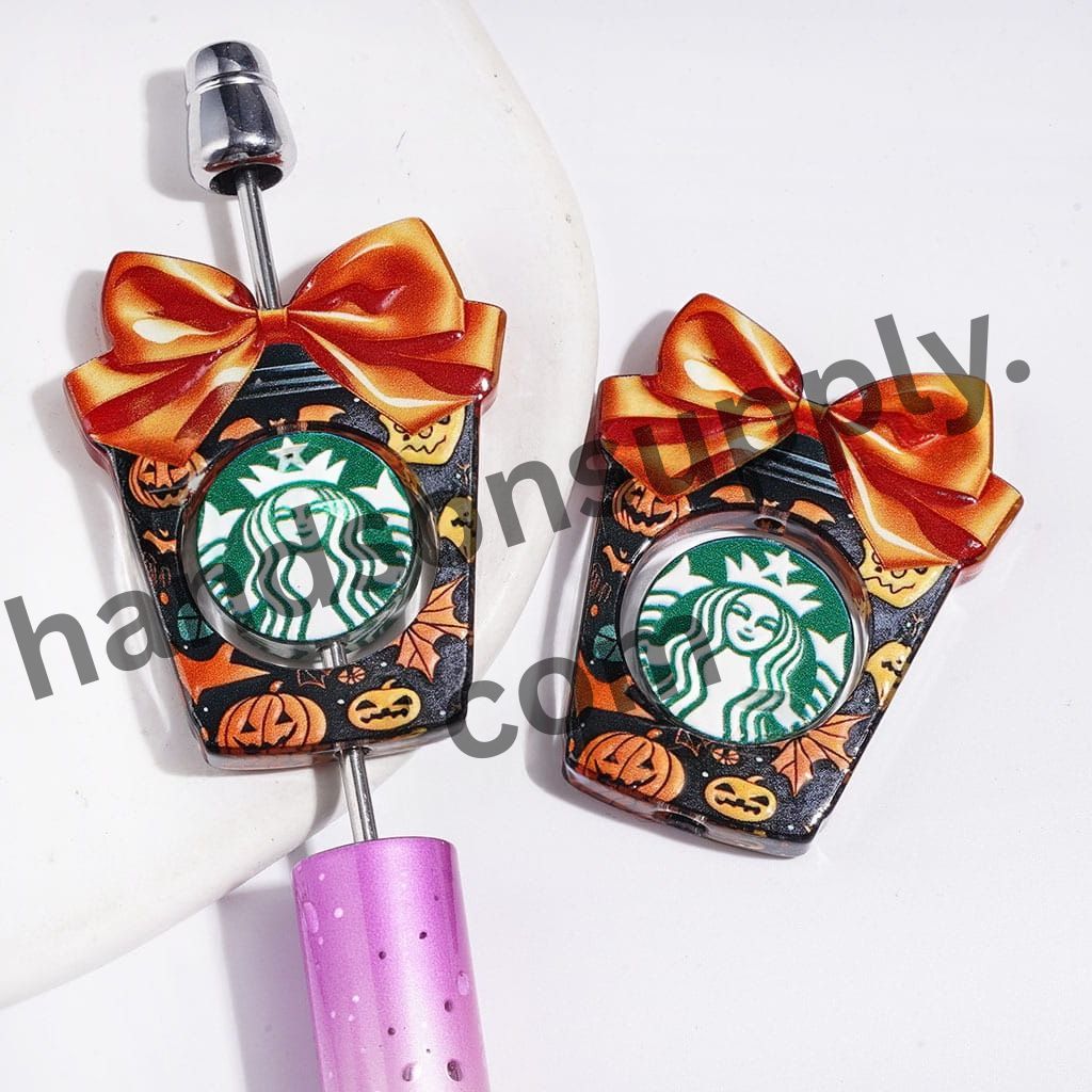 Spooky Hollow Cup with Bowtie & Mini Coffee Detail Festive Halloween Theme Semi-Clear Round Acrylic Beads, (Please Read the Description)