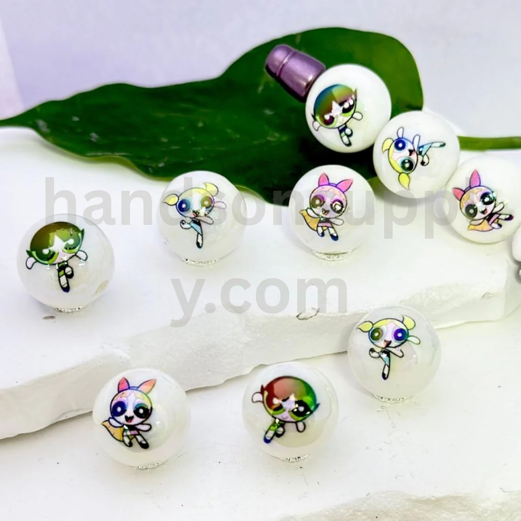 Powerpuf Girls Design White Round 16MM Glossy Acrylic Beads