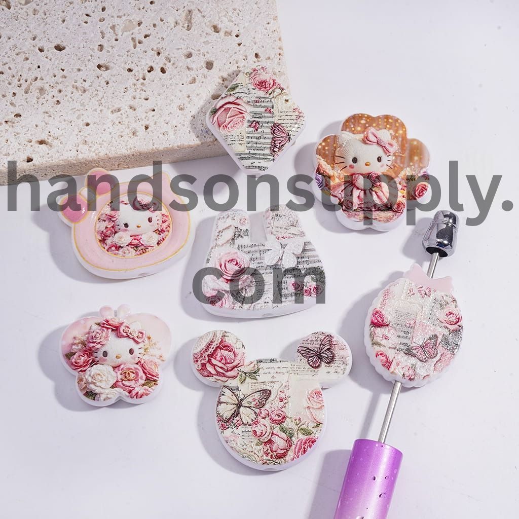 Cute Cat Character Rose Flower Print Series in Various Shape Acrylic Beads Random Mix