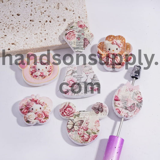 Cute Cat Character Rose Flower Print Series in Various Shape Acrylic Beads Random Mix