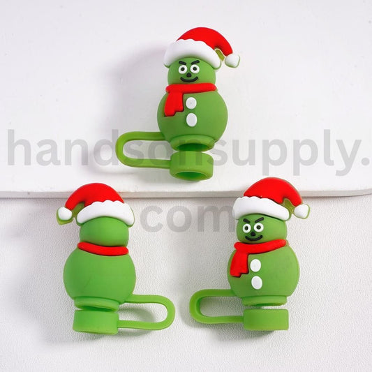 Christmas Green Snowman Red Cap Silicone Straw Topper Food Grade Tumbler Accessory