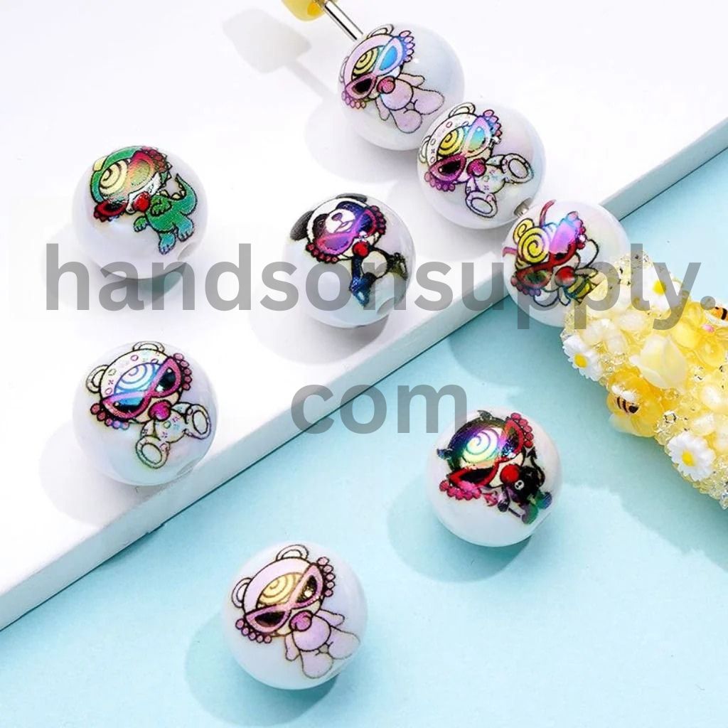 Cute Animals Monsters with Sunglasses White Round UV Coating Acrylic Beads, 16MM, Random Mix