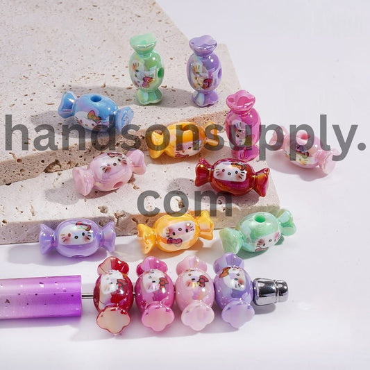 UV Coating Cute Cat Character Head Prints Candy Shape Acrylic Beads 11*24MM, Random Mix