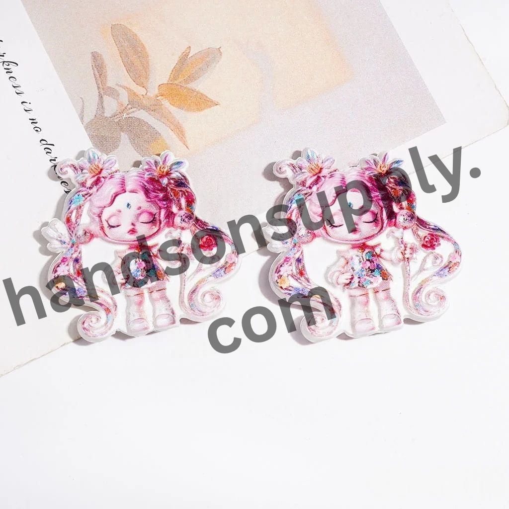 Adorable Baby Girl Doll with Pink Double Ponytails and Colorful Flower Designs Acrylic Beads, 46*44MM
