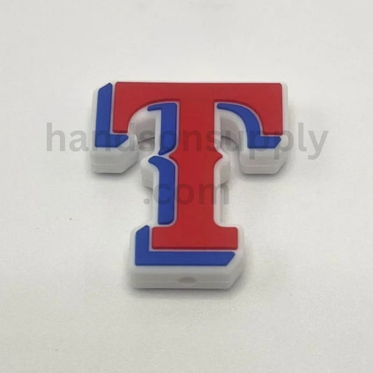 Texas Rangers Inspired Red & Blue ‘T’ Letter Sports Silicone Focal Beads