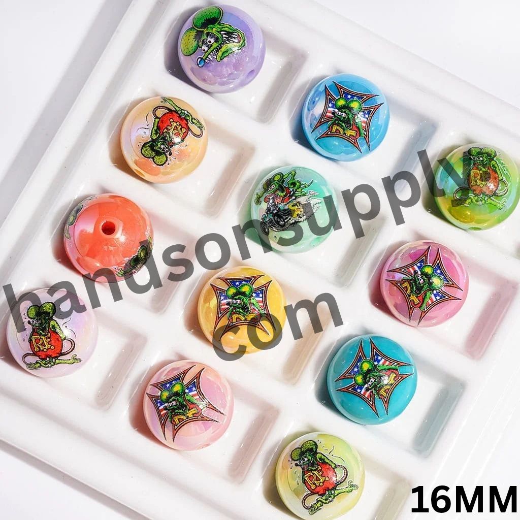 UV Acrylic Beads Green Mouse Character Print Series, 16MM,Random Mix