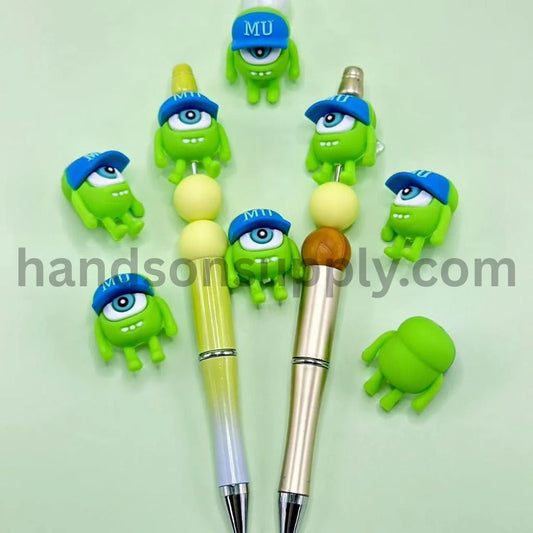 3D Cute Universit Mik Little Green Single Big Eye Monster in a Blue Cap Silicone Focal Beads
