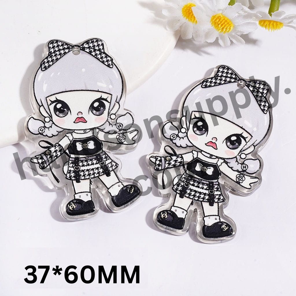Elegant Silver-Haired Girl in Luxurious Outfit, Clear Acrylic Pendants, Single-Sided Print, 37×60MM