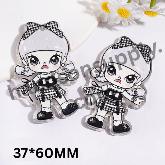 Elegant Silver-Haired Girl in Luxurious Outfit, Clear Acrylic Pendants, Single-Sided Print, 37×60MM