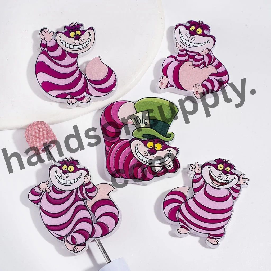 Playful Laughing Cat Character with Pink and Purple Stripe Design Acrylic Beads and Pendant, Random Mix