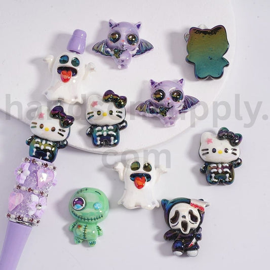 UV Coated Halloween Characters Ghosts, Skeletons, Hello Kitty Pumpkin & Bats Acrylic Beads Random Mix