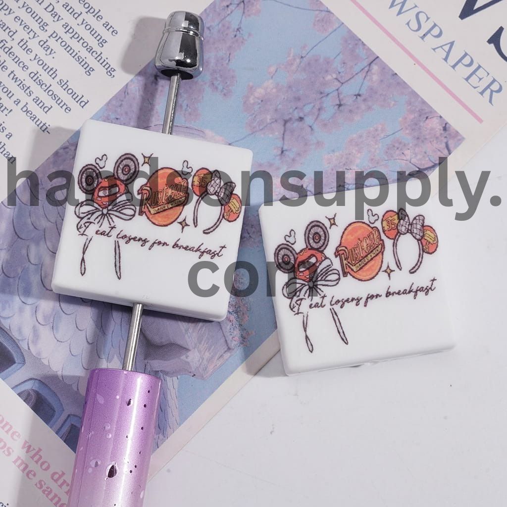Flat Square Shape Silicone Focal Beads Sports Car Style and Text "I eat legend for breakfast