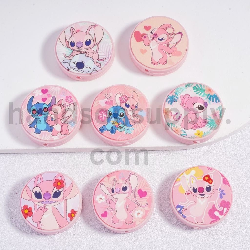 Pink And Blue Cartoon Stitch & Angel with Hearts, Flowers & Tropical Prints Round Silicone Beads Random mix