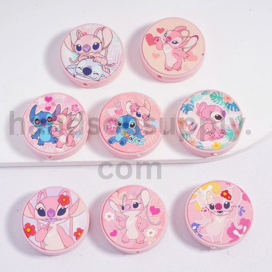 Pink And Blue Cartoon Stitch & Angel with Hearts, Flowers & Tropical Prints Round Silicone Beads Random mix