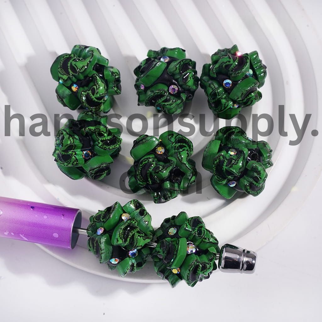 Cute Fantasy Style Green Evil Character Design & AB Rhinestones Round Clay Beads 20MM