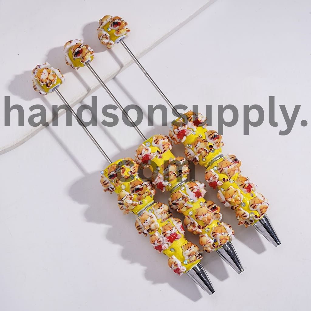 Cute Lazy Cat Character Series with AB Rhinestone Beadable Clay Pen