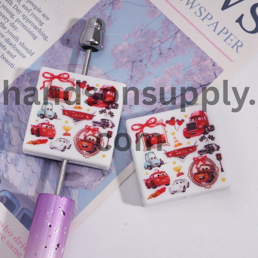 Various Style Sports Car Patterns Theme on Flat Square Shape Silicone Focal Beads
