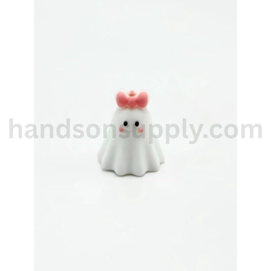 3D Adorable Cute Halloween Ghost Girl White Spooky Charm with Pink Bow Silicone Focal Beads