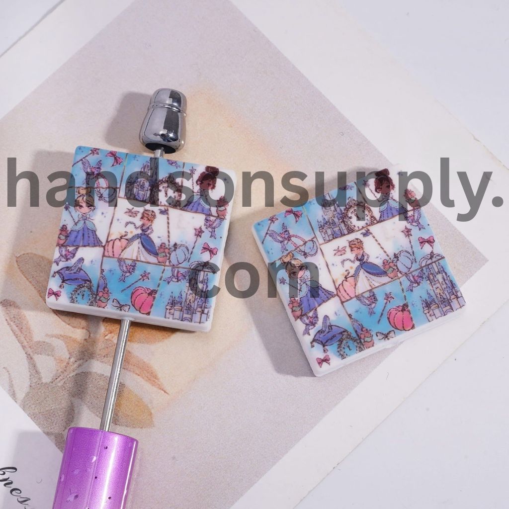 Cute Fairytale Beautiful Princess Character in Comic Layout Flat Square Shape Silicone Focal Beads