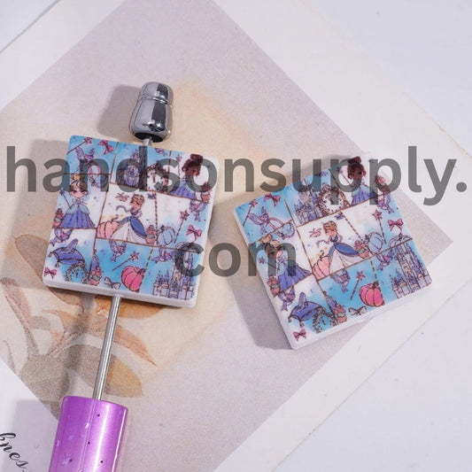 Cute Fairytale Beautiful Princess Character in Comic Layout Flat Square Shape Silicone Focal Beads
