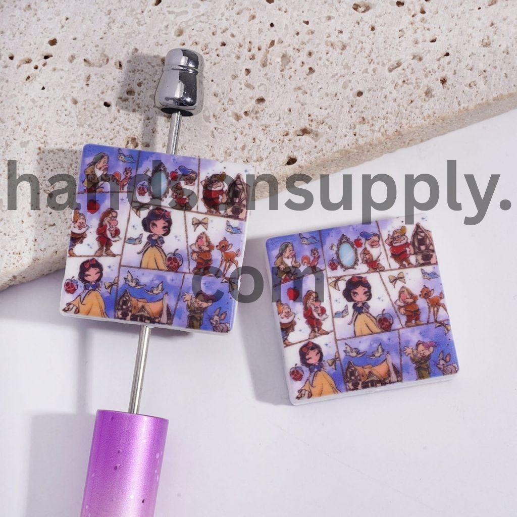 Winter Fairytale White Snowflake Princess Character in Comic Layout, Flat Square Shape Silicone Focal Beads