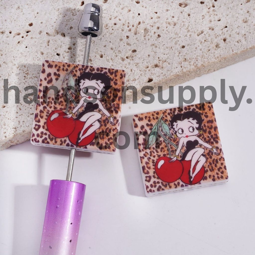 Cute Vintage Style Old Girl Character Sitting on Red Cherry, Flat Square Shape Silicone Focal Beads