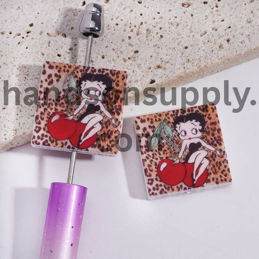 Cute Vintage Style Old Girl Character Sitting on Red Cherry, Flat Square Shape Silicone Focal Beads