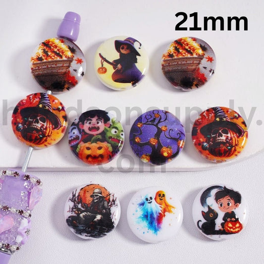 Halloween Ghost, Pumpkin, Black Cat & Wizard Round Flat Acrylic Beads 21mm Random Mix