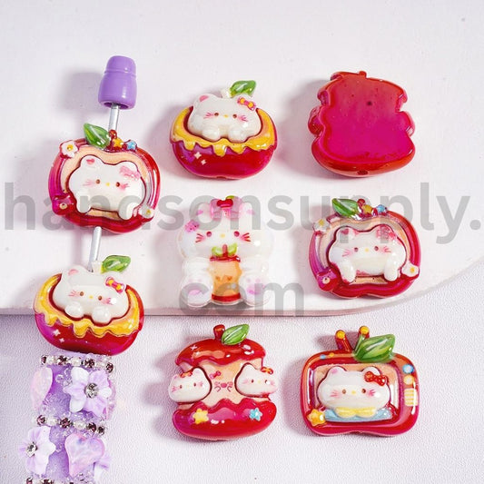 UV Finished Hello Kitty Cute Cat Red Apple Shaped Acrylic Beads Random Mix