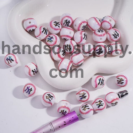 NY Sports Baseball Prints Round Shape Acrylic Beads for Bracelets 16MM Random Mix