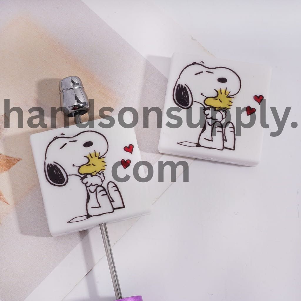 Cute Beagle Hugging Bird and Red Hearts, Flat Square Shape Silicone Focal Beads