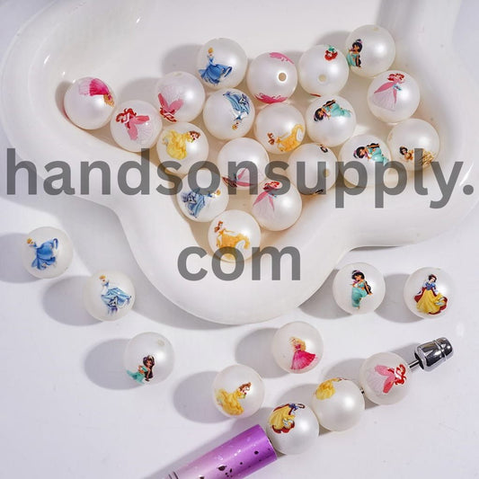 Classic Beautiful Princess Character Prints on White Pearl Acrylic Beads for Bracelets 16MM