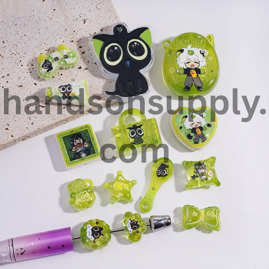 Black Kitten Monster Character and Green Theme Series in Various Shape & Design Acrylic Beads Pendants Random Mix