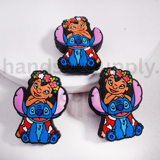 Cute Silicone Focal Beads Stitch and Lilo with Flower Wreath