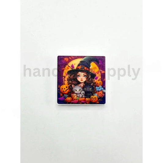 Cute Halloween Little Girl with Black Magic Hat and Cats Pumpkin Silicone Focal Beads