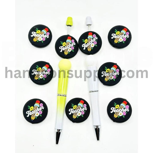 Cute Round Flowers School Teacher Pencils Silicone Focal Beads