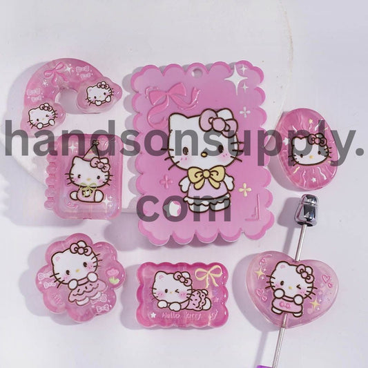 3D Pink Cute Cat Character Series in Various Shape & Designs Prints Acrylic Beads Pendants Random Mix