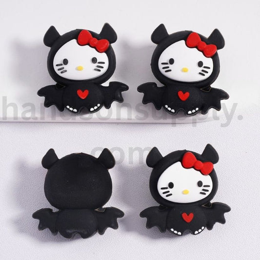 3D Hello Kitty Cute Cat in Black Bat Costume with Red Bow & Little Heart Halloween Theme Silicone Focal Beads