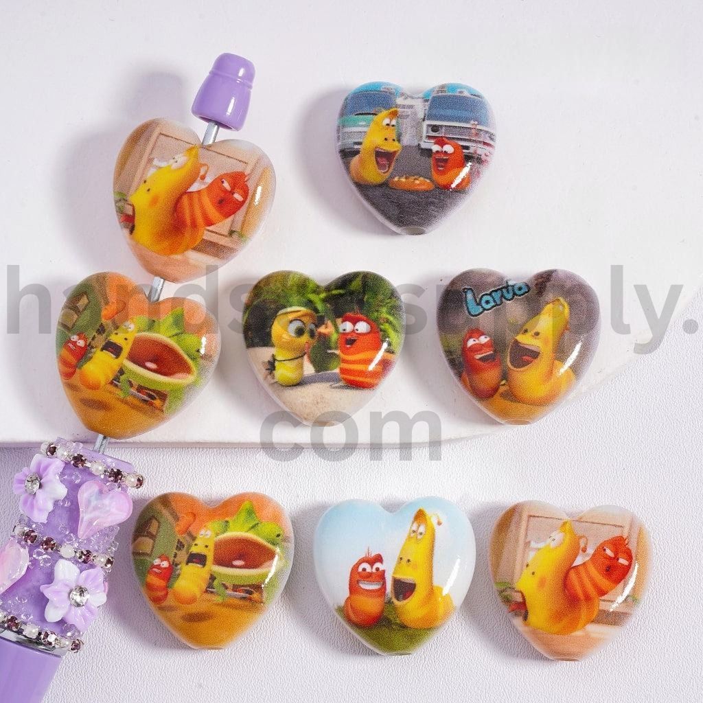 Cute Glossy Larva Cartoon Heart Love Theme Flat Acrylic Beads 23*24mm Random Mix