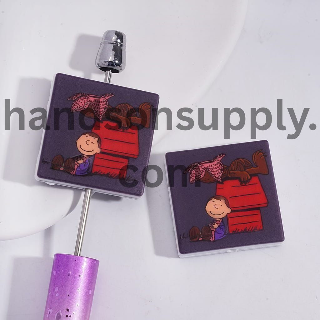 Little Boy Leaning on Red Doghouse & Corpse Flower Flat Square Shape Silicone Focal Bead Random Mix