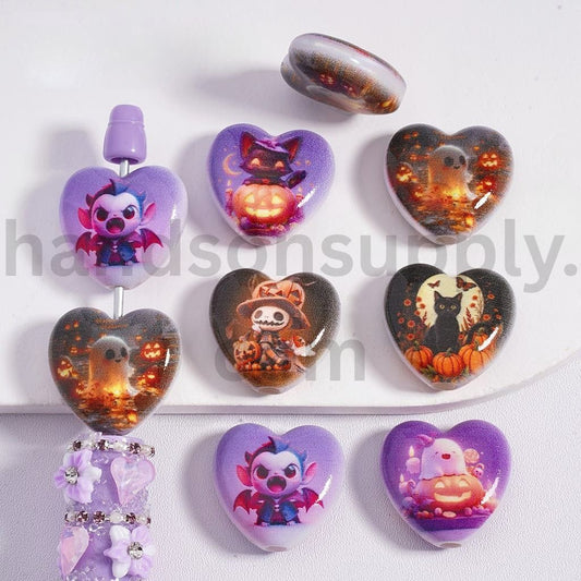 Halloween Icons Spooky Cute Heart Beads Ghost, Pumpkin, Bat & Black Cats Mix Flat Acrylic Beads 23*24mm Random Mix