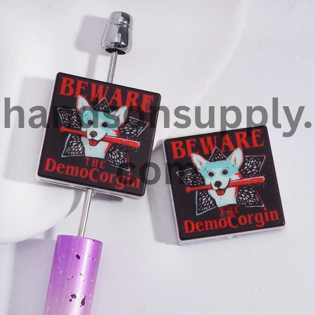 Horror Theme “Beware the Democorgin” Dog Biting Baseball Bat Flat Square Shape Silicone Focal Beads Random Mix