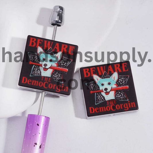 Horror Theme “Beware the Democorgin” Dog Biting Baseball Bat Flat Square Shape Silicone Focal Beads Random Mix
