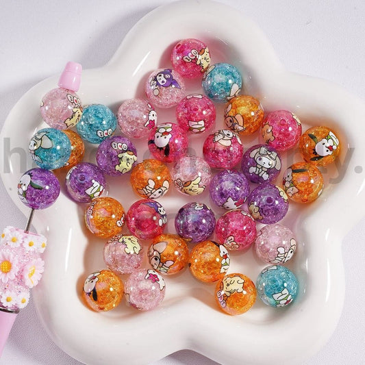 UV Coated Adorable Character Family Prints Cute Cat Character, My Melody, Kuromi, Pompom Purin & Pochacco, Light Pastet Crackle Acrylic Beads 16mm