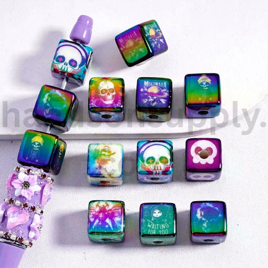 UV Coated Spooky Skeleton Designs, Cube Acrylic Beads 14MM Random Mix