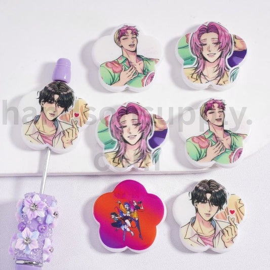 Plum Blossom Flower Shape, Saj Boys K-Pop Demon Hunter Series, Acrylic Beads 31*31mm, Random Mix