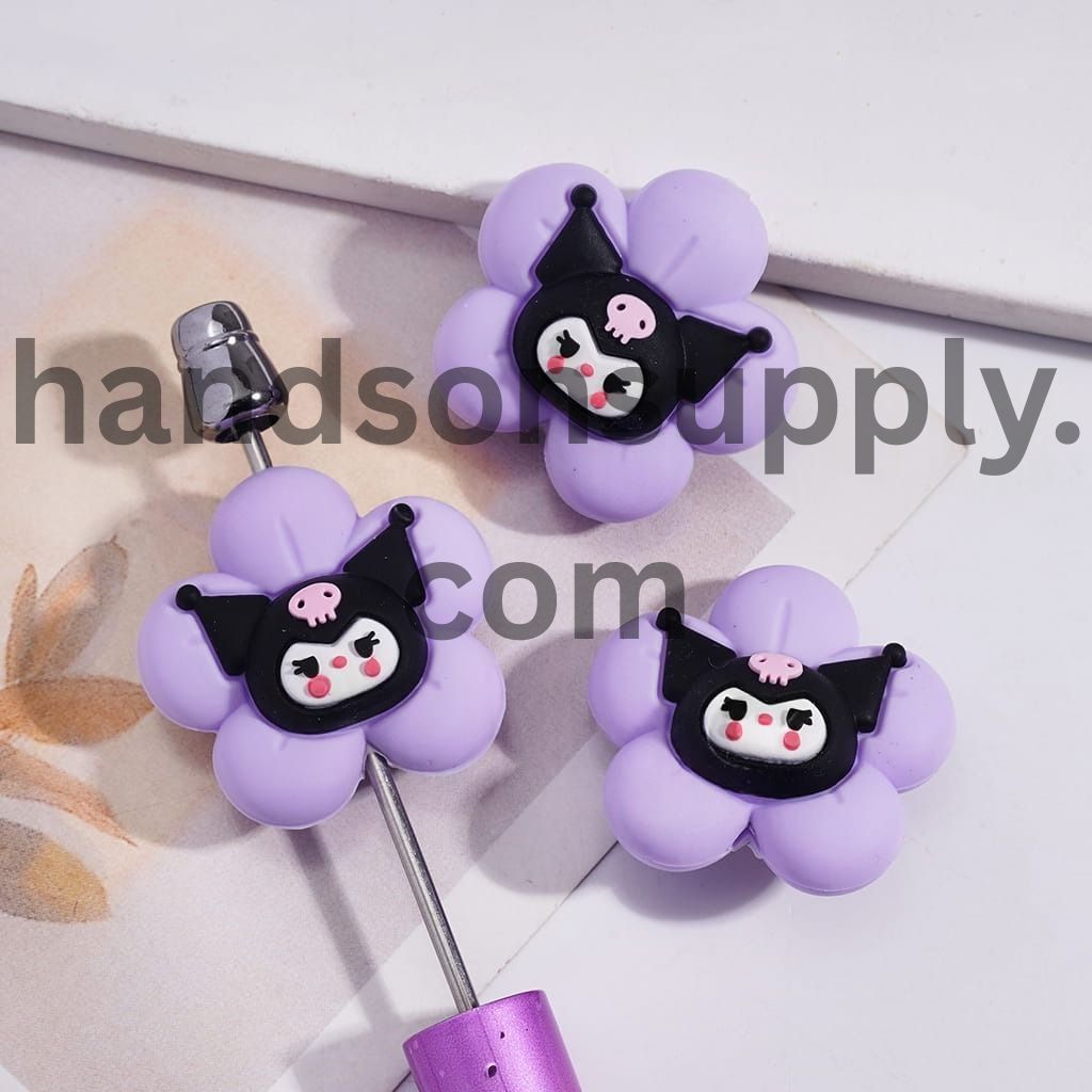 3D Purple Flower with Evil Girl Character Dark Fantasy Design Silicone Focal Bead