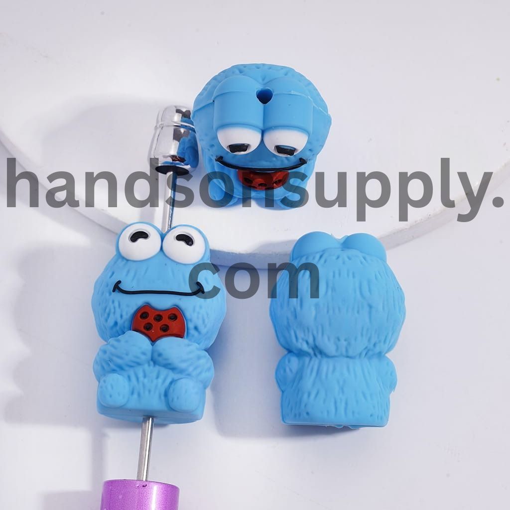 3D Blue Cookie Monster Puppet Style Character Silicone Focal Beads Random Mix