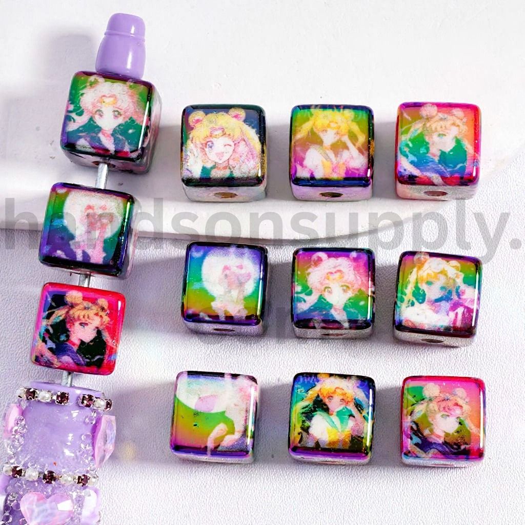 UV Coated Cute Anime Girl Sailor Moo Japan Anime Prints Cube Acrylic Beads 14MM Random Mix